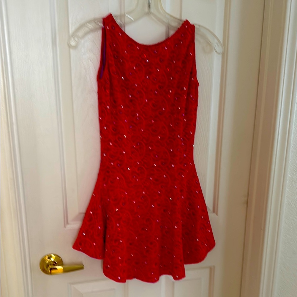 Red Sleeveless skating/dance Dress with Sequin Details